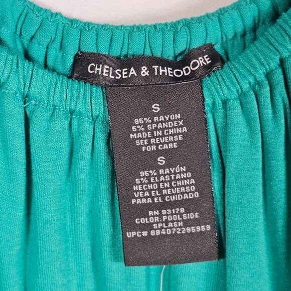 Chelsea and Theodore Aqua Ruffle Tiered Tunic Sz S Stretchy Soft 4 Way Neckline - Picture 6 of 8